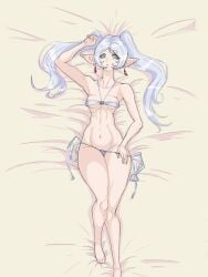 1girls bed cobra_bubbles_(artist) elf elf_ears elf_female elf_girl female female_only frieren green_eyes laying_on_bed micro_bikini petite small_breasts solo sousou_no_frieren taking_clothes_off twintails white_hair white_skin