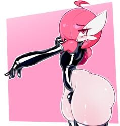 ass bulge curvaceous curvy elbow_gloves femboy frowntown gardevoir gay girly gloves latex latex_gloves pink_(frowntown) pink_eyes pink_hair pokemon pokemon_(species) wide_hips