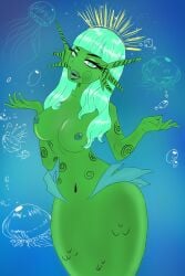 1girls amphritrite areolae bubbles female female_focus female_only green_eyes green_skin green_skinned_female jellyfish lore_olympus lure_of_selly medium_breasts mermaid mermaid_ears mermaid_girl mermaid_tail mermay nipples solo underwater underwater_scenery underwater_view webtoon