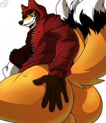 anikifaux anthro anus ass balls big_butt butt_grab canid canine clothed clothing fox fur gay genitals hand_on_butt hi_res male male_only mammal multi_tail orange_body orange_fur raised_tail solo solo_focus spread_butt spreading tail thick_thighs yaoi