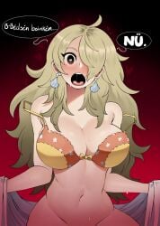 1 1boy asking_for_it big_breasts blonde_hair blush bra dialogue excited girl hair_over_one_eye heart heart-shaped_pupils heavy_breathing horny kinjero long_hair naughty_face pov steam steaming_body steamy_breath stella_(murgoten) sweat