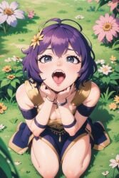 1girls acl_noraai ai_generated artist_name awaiting_cum bernadetta_von_varley dancer_outfit fire_emblem fire_emblem:_three_houses flower from_above grass grey_eyes hair_flower kneeling looking_at_viewer messy_hair nature nintendo open_mouth outdoors petite purple_hair seiza small_breasts solo submissive tongue watermark