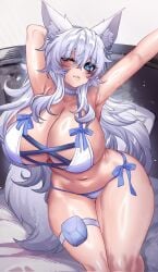 1girls armpits arms_up bikini blue_eyes breasts breasts_bigger_than_head cleavage female huge_breasts indie_virtual_youtuber kemonomimi light-skinned_female long_hair lumi_(merryweather) one_eye_closed osiimi solo swimsuit thighs virtual_youtuber vtuber white_hair wolf_ears wolf_girl wolf_humanoid wolf_tail