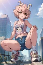 ai_generated aiposter city cityscape from_below giantess horn mina_ashido my_hero_academia pink_hair short_shorts sneakers tank_top