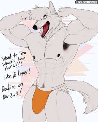 4:5 80's_theme abs anthro armpit_hair athletic athletic_anthro athletic_male big_bulge black_gums black_nipples black_pawpads blue_eyes body_hair bulge canid canine canis clothed clothing depictionexpress english_text facial_hair flexing_bicep flexing_both_biceps flexing_muscles fur happy_expression hi_res jockstrap jockstrap_only looking_at_viewer male male_only mammal muscular muscular_anthro muscular_male nipples pants_only pattern_background pawpads pubes shirtless_anthro shirtless_male simple_background smile smiling_at_viewer solo solo_focus text top_k_(depiction_express) topless topless_anthro topless_male underwear underwear_only white_body white_fur wolf