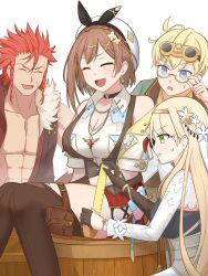 atelier_(series) atelier_ryza big_breasts brown_hair busty cleavage clothing happy huge_breasts klaudia_valentz large_breasts laugh lent_marslink measuring reisalin_stout ruler smile tao_mongarten teenager thick_thighs thighs wide_hips