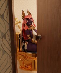 3d accessory anthro anubian_jackal anubis awkward bathroom bathroom-art_(artist) breasts canid canine canis clothed clothing deity door egyptian egyptian_mythology embarrassed feces female fur gold_(metal) gold_jewelry hair hair_accessory hi_res jackal jewelry mammal middle_eastern_mythology mythology piercing scat solo staff toilet