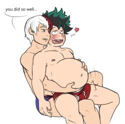 2boys belly big_belly bloated bloated_belly blush bulge erection erection_under_clothes green_hair hand_on_belly izuku_midoriya male male_only my_hero_academia red_hair shouto_todoroki sitting_on_lap tenting underwear verzisphere white_hair yaoi