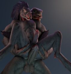 2boys alien anthro big_dom_small_sub big_penis carrying_another carrying_partner carrying_position dominant duo gay genitals hair halo_(series) hi_res holding_both_legs humanoid imminent_anal imminent_sex kig-yar male male/male male_only microsoft penis sangheili scalie size_difference small_penis t'vaoan xbox_game_studios