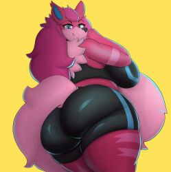 alternate_color anthro arcanine ass big_breasts blazethefox blue_eyes breasts canid canine clothing female frosty_(sentinelblue) fur generation_1_pokemon hair mammal nintendo pink_body pink_fur pink_hair pokemon pokemon_(species) simple_background smile solo tail thick_thighs wide_hips yellow_background