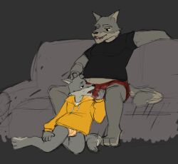 age_difference anthro boxer_briefs briefs bulge_fondling bulge_grab bulge_in_face canid canine canis clothing demilittleguy duo eddie_(orf) father_(lore) father_and_child_(lore) father_and_son_(lore) fur furniture grey_body grey_fur hand_on_head hi_res hoodie male male/male mammal musk musk_clouds parent_(lore) parent_and_child_(lore) parent_and_son_(lore) sam_(orf) shirt slightly_chubby sniffing sofa son_(lore) t-shirt topwear underwear wolf