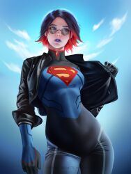 1girls blue_sky bodysuit conner_kent cosplay dc dc_comics female female_only flat_belly glasses hero inframammary_clothing_crease jacket lipstick niahti purple_eyes purple_lipstick rachel_roth raven_(dc) red_hair skin_tight skin_tight_outfit slim_waist solo sunglasses superboy superboy_(cosplay) superheroine superman_(series) teen_titans tight_bodysuit tight_clothes tight_clothing tight_fit tinted_eyewear two_tone_hair