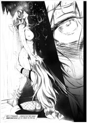 breasts cherryinthesun clothed_female_nude_female hand_on_another's_head highres large_breasts long_hair mei_terumi monochrome naruto naruto_(series) nude short_hair terumi_mei tsunade yuri