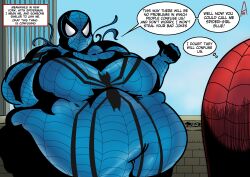 april_parker big_belly big_breasts blue_suit dudenameda10 fat fat_woman hero_costume hero_outfit marvel marvel_comics spider-girl spider-man thick weight_gain