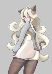 1girls ass blonde_hair breasts cat_ears cat_girl cat_tail female from_behind galatea_claude grey_eyes identity_v long_hair looking_at_viewer lotan midriff one_eye_closed pale-skinned_female pale_skin smile solo sweater teasing thighhighs thighs very_long_hair