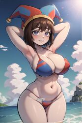 1girls ai_generated arms_behind_head beach belly belly_button big_breasts bikini blush breasts brown_hair busty child_bearing_hips cleavage cleft_of_venus curvaceous curvy curvy_body curvy_female curvy_figure curvy_hips cute eyes eyes_open female female_only groin hair_between_eyes hands_behind_head hi_res high_resolution highres jester_hat large_breasts lokokabooster69 looking_at_viewer massive_breasts navel open_mouth pale_skin partially_submerged pomni pomni_(the_amazing_digital_circus) posing short_hair sideboob smile the_amazing_digital_circus thick_hips thick_thighs thighs tits underboob voluptuous voluptuous_female water wide_hips