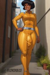 ai_generated alex_(totally_spies) alley black_hair bodysuit bodysuit_bulge building bulge bulge_through_clothing covered_penis dark-skinned_futanari dark_skin flordulce futa_only futanari hand_on_hip huge_bulge looking_at_viewer outdoors penis_bulge short_hair smirk smug smug_face standing totally_spies yellow_bodysuit