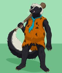 2023 anthro anthro_only anthro_pred balls biped black_body black_fur bloated blue_eyes bottomless bulge clothed clothing club_(weapon) costume fully_inside fur genital_outline genitals green_background hair hi_res licking licking_lips male male_pred mammal melee_weapon mephitid necktie penis_outline simple_background skunk solo strega striped_body striped_fur striper_(strega) stripes tongue tongue_out vore weapon white_hair