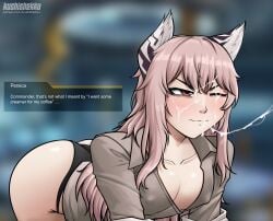 animal_ears artist_name ass bags_under_eyes bent_over black_panties blurry blurry_background blush breasts brown_shirt cat_ears character_name cleavage closed_mouth collarbone commentary cum cum_on_hair cum_on_lips cum_string dialogue_box english_commentary english_text facial female girls'_frontline hair_between_eyes highres kushishekku lab_coat long_hair no_pants one_eye_closed panties partially_unbuttoned patreon_username persica_(girls'_frontline) pink_hair red_eyes shirt small_breasts solo underwear v-shaped_eyebrows variant_set