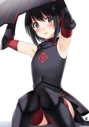 armpits arms_up black_hair blush bob_cut female hair_between_eyes highres honjou_kaede itai_no_wa_iya_nano_de_bougyoryoku_ni_kyokufuri_shitai_to_omoimasu looking_at_viewer maple_(bofuri) red_thighhighs short_hair simple_background skindentation solo tagme thighhighs white_background xter xtermination