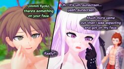 1girls 2boys 3d bikini cheating cheating_girlfriend cum_on_face danganronpa english_text female gloves human kirigiri_kyouko koikatsu kuwata_leon male multiple_boys naegi_makoto netorare ntr pompadorkz text