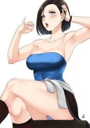 armpits bare_shoulders black_hair blue_eyes blush breasts capcom cleavage collarbone covered_erect_nipples crossed_legs fellatio_gesture highres jill_valentine large_breasts open_mouth panties resident_evil resident_evil_3 short_hair sitting skirt tongue tongue_out tubetop underwear xtermination