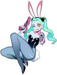 bunny_ears bunny_tail bunnysuit cyberpunk:_edgerunners cyberpunk_2077 female halphelt leotard one_eye_closed pantyhose rebecca_(edgerunners) solo wink