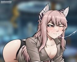 animal_ears artist_name ass bags_under_eyes bent_over black_panties blurry blurry_background blush breasts brown_shirt cat_ears cleavage closed_mouth collarbone commentary cum cum_on_hair cum_on_lips cum_string english_commentary facial female girls'_frontline hair_between_eyes highres kushishekku lab_coat long_hair no_pants one_eye_closed panties partially_unbuttoned patreon_username persica_(girls'_frontline) pink_hair red_eyes shirt small_breasts solo underwear v-shaped_eyebrows variant_set