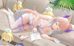 1girls asleep blonde_hair closed_eyes genshin_impact hi_res indoors legs_together light-skinned_female light_skin long_hair lying lying_on_bed mihoyo multicolored_hair nipples nipples_visible_through_clothing pubic_tattoo sangonomiya_kokomi sleeping smile solo thighhighs thighs xiaochentan