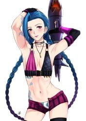 armpits blue_hair breasts gloves highres jinx_(league_of_legends) league_of_legends lipstick long_hair makeup navel purple_eyes smile solo xtermination