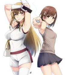 2girls armpits arms_up blonde_hair blush breasts brown_eyes brown_hair covered_erect_nipples gloves gym_shorts gym_uniform highres large_breasts long_hair looking_at_viewer medium_breasts misaka_mikoto multiple_girls shokuhou_misaki short_hair shorts shorts_under_skirt skirt smile socks sweat sweatdrop thigh_socks thighhighs to_aru_kagaku_no_railgun to_aru_majutsu_no_index two_girls white_gloves white_legwear white_socks xtermination yellow_eyes