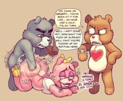 1girls 2boys about_to_cum annoyed anthro bear care_bears cigar doggy_style female fucked_senseless hi_res male male/female penetration pleasure_face sex sixsidesofmyhead smoking speech_bubbles text waiting