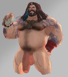 1boy artist_name balls ballsack bara bara_tiddies bara_tits barazoku beard beefy belly big_arms big_balls big_belly big_pecs big_penis big_thighs blue_eyes body_hair brown_hair facial_hair flaccid_penis foreskin hairy_male huge_cock human intact league_of_legends light_from_behind long_hair_male male male_nipples male_only male_pubic_hair manly mature_male moobs musclegut muscles muscular_arms muscular_male muscular_thighs mustache necklace nude_male partially_retracted_foreskin pecs penis precum precum_on_finger scrotum solo tattoos testicles thick_thighs thramir1 udyr uncircumcised uncut veiny_penis