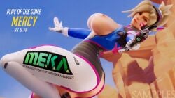 1girls 2021 3d blender_(software) blizzard_entertainment d.va d.va_(cosplay) exposed_ass exposed_breasts gameplay_mechanics gun mercy one_eye_closed overwatch overwatch_2 play_of_the_game pointing_gun sampples victory_pose