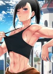 1girls abs armpits bare_armpits bare_belly bare_stomach black_hair black_hair_female black_tank_top blue_sky blush bottle clothes_pull cloud clouds cloudy_sky collarbone crop_top en'en_no_shouboutai enen_no_shouboutai female female_only fire_force highres holding holding_object holding_water_bottle long_hair long_hair_female midriff muscular muscular_female navel one_eye_closed only_female oze_maki ponytail pulling_clothing purple_eyes purple_eyes_female shirt_pull sky solo sports_bra sweat sweatdrop sweater sweating sweaty sweaty_armpits sweaty_arms sweaty_belly sweaty_body sweaty_face tank_top tanktop water_bottle woman xtermination