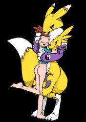 ass bandai_namco barefoot breasts clothed clothing digimon digimon_(species) digimon_tamers duo feet female female/female hi_res human mammal nipples no_underwear orange_hair renamon rika_nonaka simple_background unknown_artist young