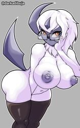 absol absurd_res anthro ass big_breasts big_butt breasts clothing dark_body dark_nipples dark_skin darkadibuja eyewear female fur generation_3_pokemon giant_breasts glasses hi_res legwear nintendo nipples pokemon pokemon_(species) red_eyes solo stockings tail thick_thighs white_body white_fur