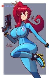 1girls 2023 alternate_costume big_breasts bodysuit breasts crossover female female_only high_heels metroid nintendo raydango red_hair samus_aran_(cosplay) solo tengen_toppa_gurren_lagann thick_thighs thighs yoko_littner zero_suit zero_suit_samus_(cosplay)