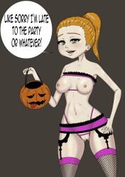 1girls ahe_gao crotchless_panties cupless_bra dialogue dream_summer english_text female_only functionally_nude green_eyes halloween jack-o'-lantern lingerie long_hair medium_breasts mixed_media nipples orange_hair ponytail rick_and_morty simple_background solo speech_bubble summer_smith teenager the_n35t thong trick_or_treat