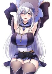 armpits arms_up bare_shoulders blush breasts detached_sleeves earrings feline garter_straps hat highres holding holding_clothes holding_hat jewelry long_hair looking_at_viewer on_lap open_mouth purple_eyes shino_laila silver_hair sitting thighhighs virtual_youtuber wactor wactor_production xtermination zettai_ryouiki