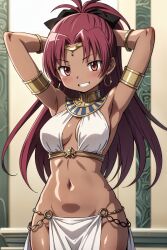 1girls ai_generated belly_button black_ribbon bracelet bracelets egypt egyptian egyptian_clothes egyptian_female female female_only goodmorningmado hair_ribbon hands_behind_head jewelry long_hair long_ponytail magical_girl mahou_shoujo_madoka_magica no_bra no_panties ponytail puella_magi_madoka_magica red_eyes red_hair sakura_kyouko slim_waist smile smiling smiling_at_viewer solo tan tan_body tan_skin