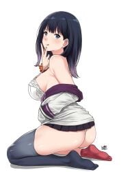 10s :q ankle_socks anklehighs ass asymmetrical_legwear asymmetrical_socks bare_shoulders black_hair black_skirt black_socks black_thighhighs blue_eyes blush bra breasts cardigan commentary cosplay feet from_side fusion gradient_hair gradient_legwear gridman_universe highres jacket large_breasts light_purple_hair long_hair long_sleeves looking_at_viewer looking_back microskirt mismatched_legwear multicolored_clothes multicolored_hair no_shoes off_shoulder orange_scrunchie panties purple_jacket red_socks school_uniform scrunchie seiza shinjou_akane_(cosplay) single_thighhigh sitting skirt socks solo ssss.gridman strap_gap takarada_rikka thigh_socks thighhighs thighs thong tongue tongue_out underwear uneven_legwear v white_bra white_cardigan white_panties wrist_scrunchie xtermination