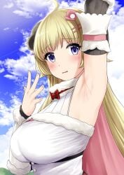 1girls ahoge arm_up armpits bare_armpits belt big_breasts blonde blonde_female blonde_hair blonde_hair_female blue_eyes blue_sky blush breasts buttons cape cloud clouds cloudy_sky curled_horns detached_sleeves dress embarrassed eyebrows_visible_through_hair eyelashes eyelashes_visible_through_hair female female_only fingernails fur-trimmed_dress fur_trim hair_ornament hairclip hairclips hands_up highres hololive horn horns huge_breasts large_breasts long_hair long_hair_female looking_at_viewer massive_breasts one_arm_up ribbon sheep_girl sheep_horns sky solo solo_female tsunomaki_watame tsunomaki_watame_(1st_costume) upper_body virtual_youtuber wavy_mouth white_dress woman xtermination