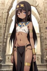 ai_generated akemi_homura black_hair bracelets earrings egyptian egyptian_clothes egyptian_female female female_focus female_only gold_(metal) gold_bracelet gold_earrings gold_jewelry goodmorningmado jewelry long_hair magical_girl mahou_shoujo_madoka_magica no_panties puella_magi_madoka_magica purple_eyes slim_waist solo solo_female solo_focus standing tan tan_body tan_skin