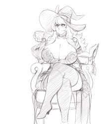 1girls black_and_white cleavage honeyboyy huge_breasts monochrome solo witch_hat