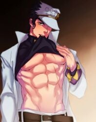 1boy diamond_is_unbreakable dilf jojo's_bizarre_adventure jotaro_kujo less_end looking_at_viewer male male_only muscular_male scar_on_chest shirt_pulled_up solo turquoise_eyes