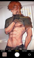 1boy abs belt byebyefrog camera_view clenched_teeth ear_piercing fang grey_hair grin indoors looking_at_viewer male male_only muscular muscular_male nipples orange_hair original pants photo piercing scar shirt short_hair solo