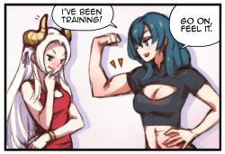 2girls bare_arms blue_eyes breasts byleth_(fire_emblem) byleth_(fire_emblem)_(female) cleavage cleavage_cutout edelgard_von_hresvelg english_text female female_only female_pervert fire_emblem fire_emblem:_three_houses flexing go_on_feel_it_(meme) horns inviting large_breasts long_hair medium_hair minacream multiple_girls muscular muscular_female naughty_face nintendo pervert purple_eyes shirt short_sleeves sleeveless small_breasts smile tank_top teal_hair text thinking very_long_hair white_hair yuri