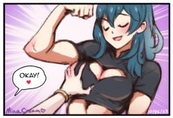 2girls armband bare_arms breast_grab breasts byleth_(fire_emblem) byleth_(fire_emblem)_(female) cleavage cleavage_cutout closed_eyes edelgard_von_hresvelg english_text female female_only female_pervert fire_emblem fire_emblem:_three_houses flexing go_on_feel_it_(meme) groping large_breasts medium_hair minacream molestation multiple_girls muscular muscular_female nail_polish nintendo open_mouth pervert purple_nails questionable_consent raised_clothing shirt short_sleeves smile smug solo_focus teal_hair text yuri