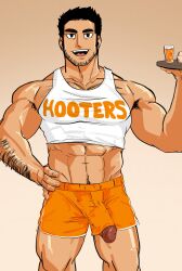 1boy :d alternate_costume arm_hair armpit_hair armpit_hair_peek bara beard_stubble black_hair bluew bluewdump bulge chest_hair_peek clothes_writing clothing_aside cropped_shirt employee_uniform feet_out_of_frame hand_on_own_hip highres holding holding_tray hooters large_pectorals looking_at_viewer lucas_lee male_focus male_only midriff muscular muscular_male orange_shorts pectoral_cleavage pectorals penis_slip scott_pilgrim scott_pilgrim_takes_off shirt short_hair short_shorts shorts shorts_aside smile solo straight-on tank_top thick_eyebrows tight_clothes tight_shirt tray uncensored uniform waiter white_tank_top